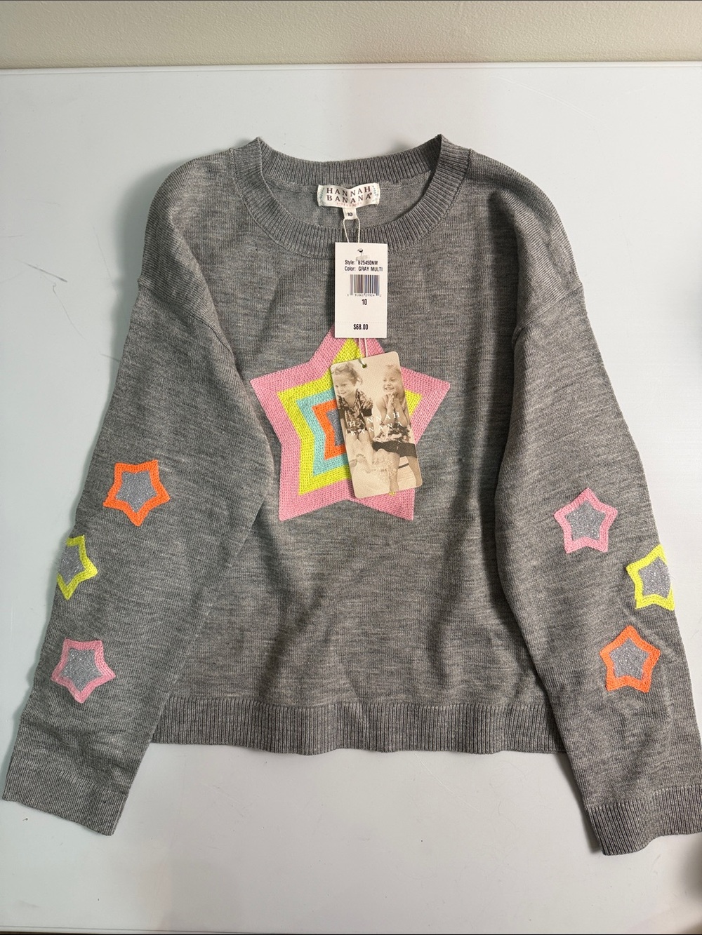 Hannah Banana Gray Knit Pullover with Neon Stars sz 10 NWT